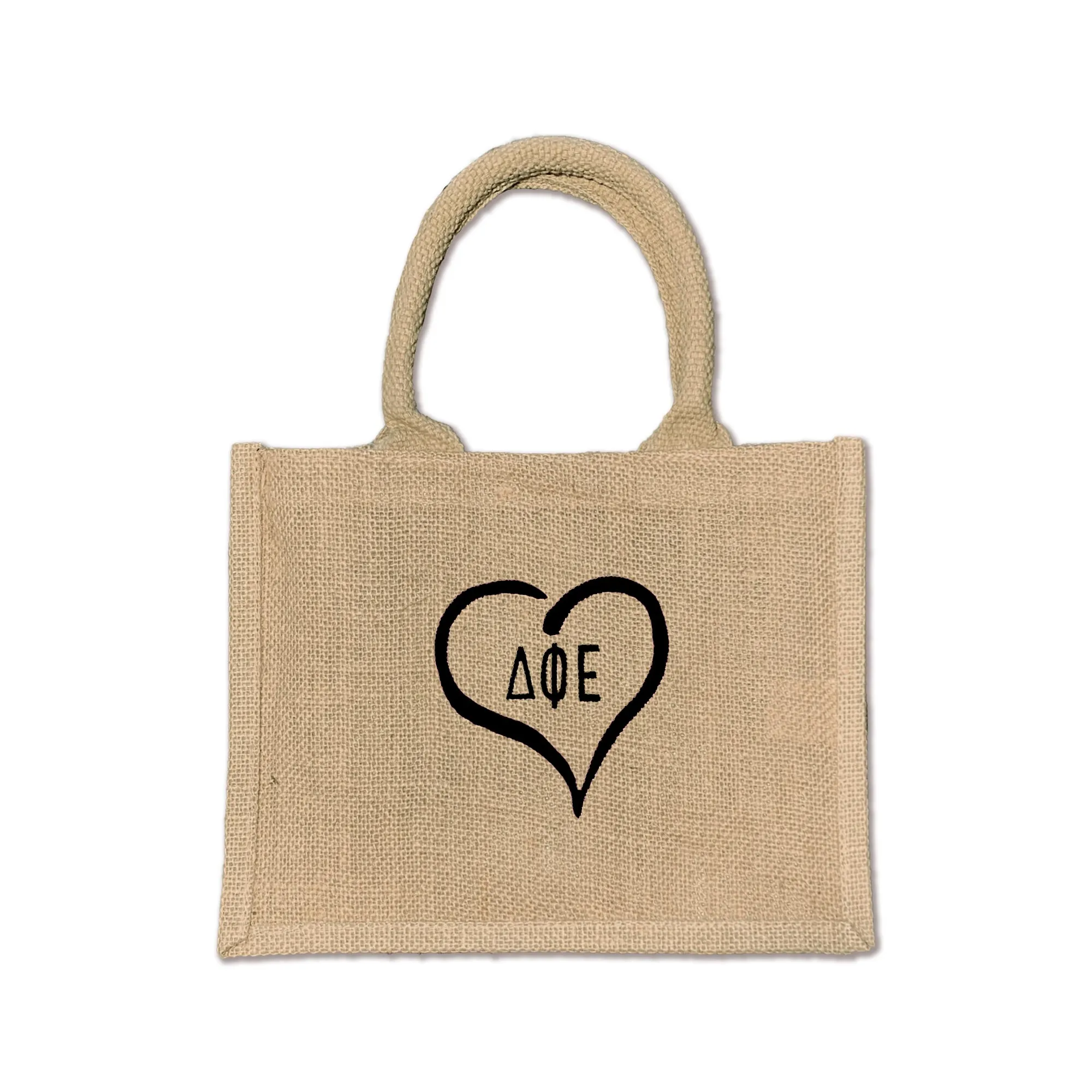 Delta Phi Epsilon Heart and Sorority Letters Burlap Tote Bag