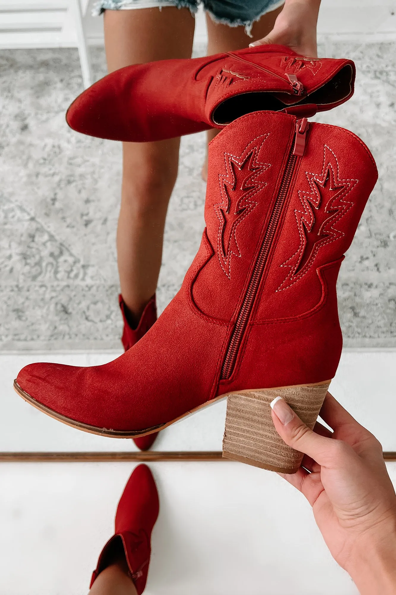 Don't Want Any Trouble Mid-Calf Western Booties (Vintage Red)