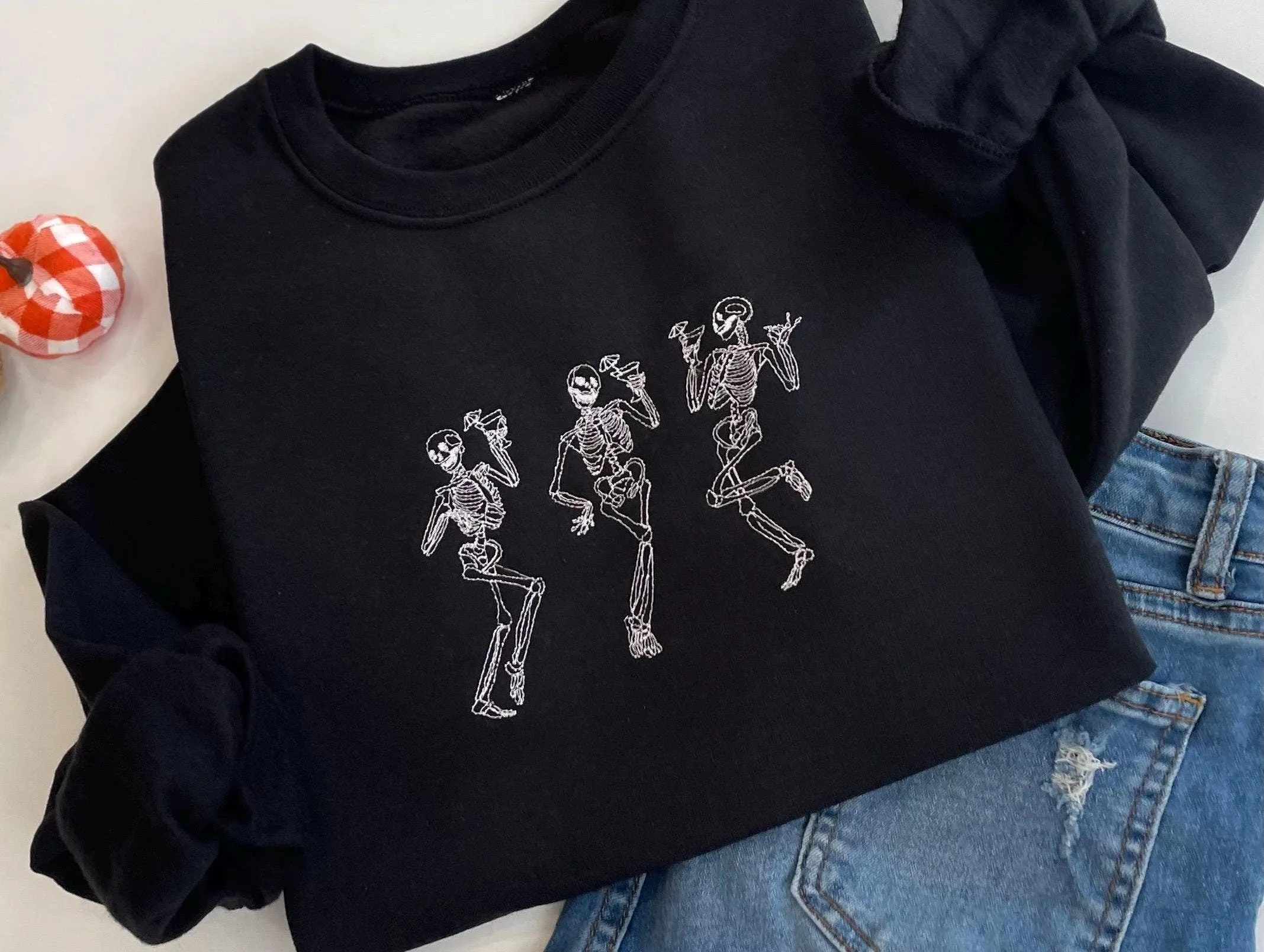 Embroidered Halloween Dancing Martini Skeleton Sweatshirt