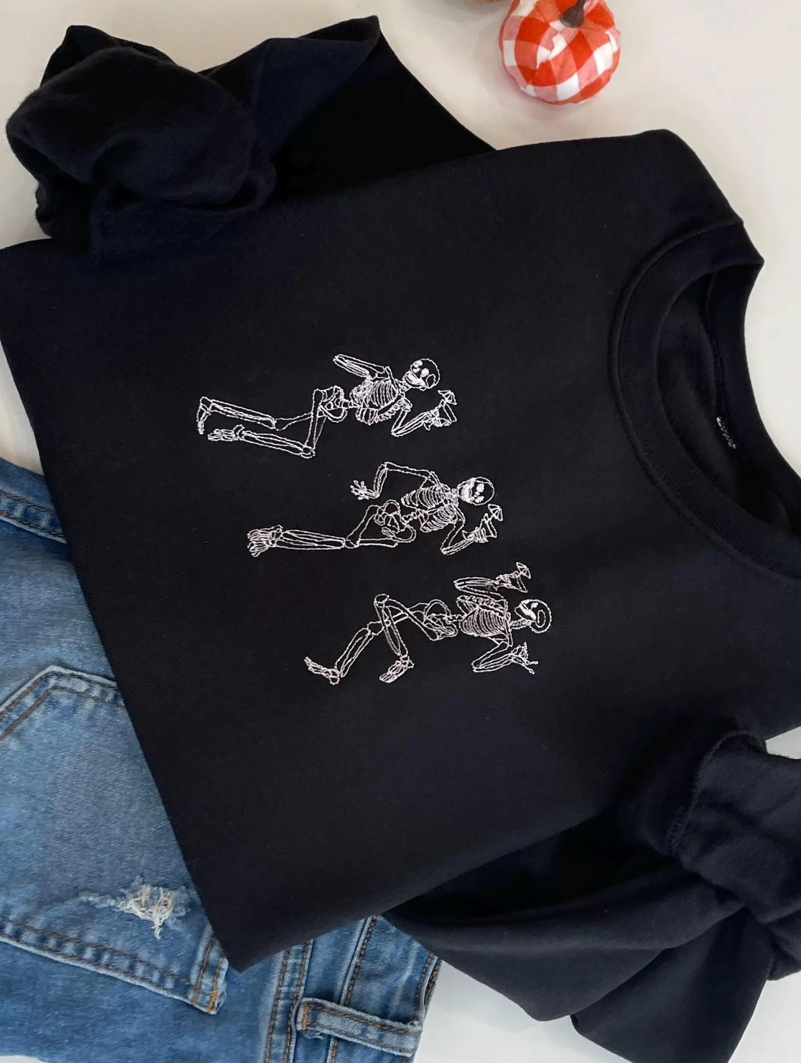Embroidered Halloween Dancing Martini Skeleton Sweatshirt
