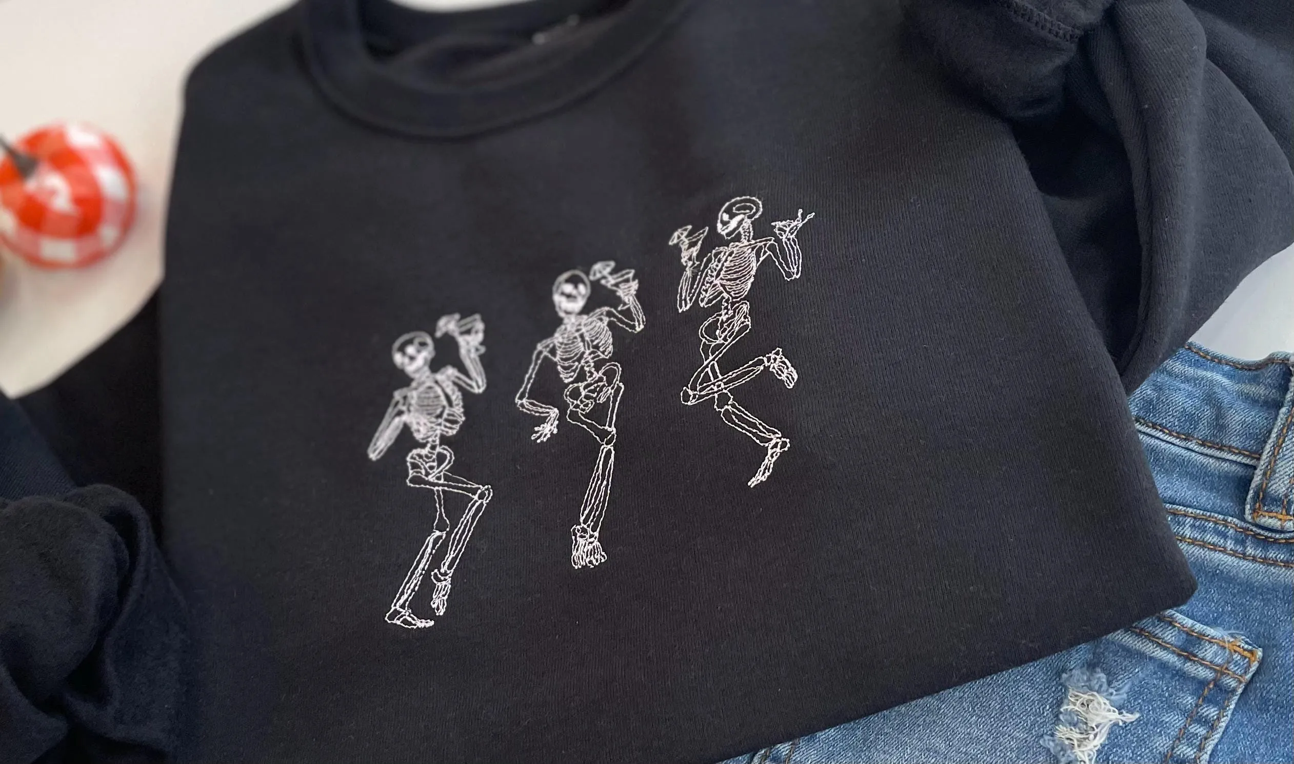 Embroidered Halloween Dancing Martini Skeleton Sweatshirt