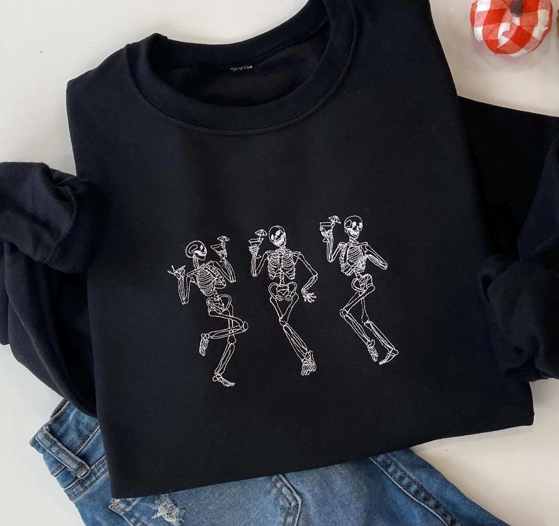 Embroidered Halloween Dancing Martini Skeleton Sweatshirt