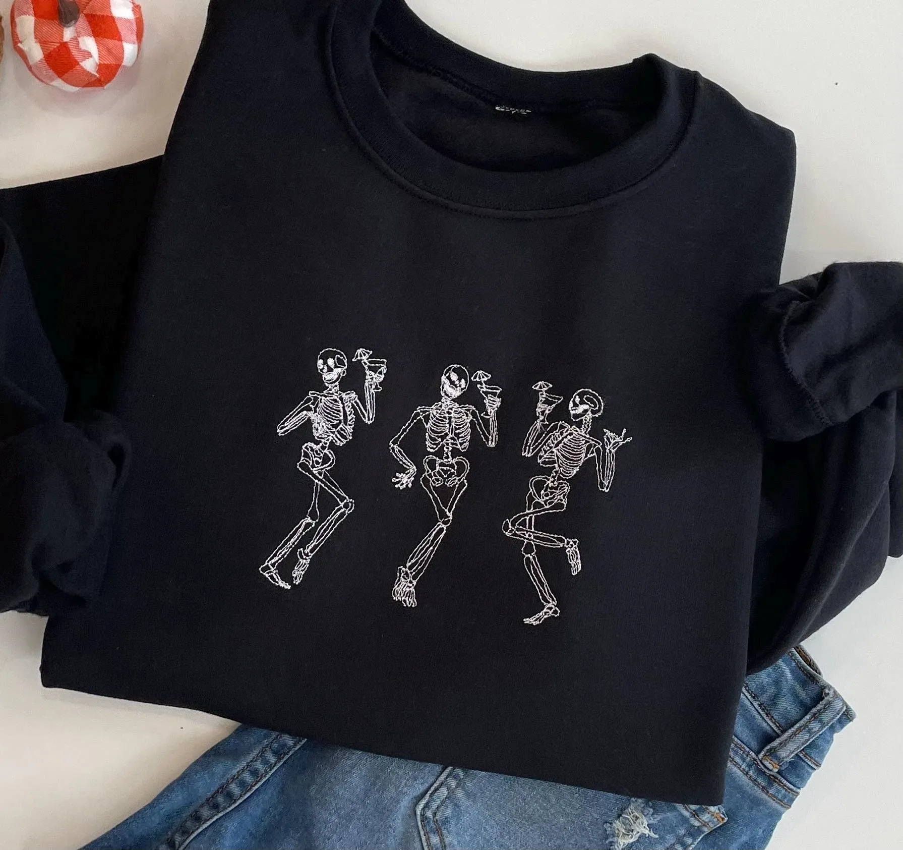 Embroidered Halloween Dancing Martini Skeleton Sweatshirt