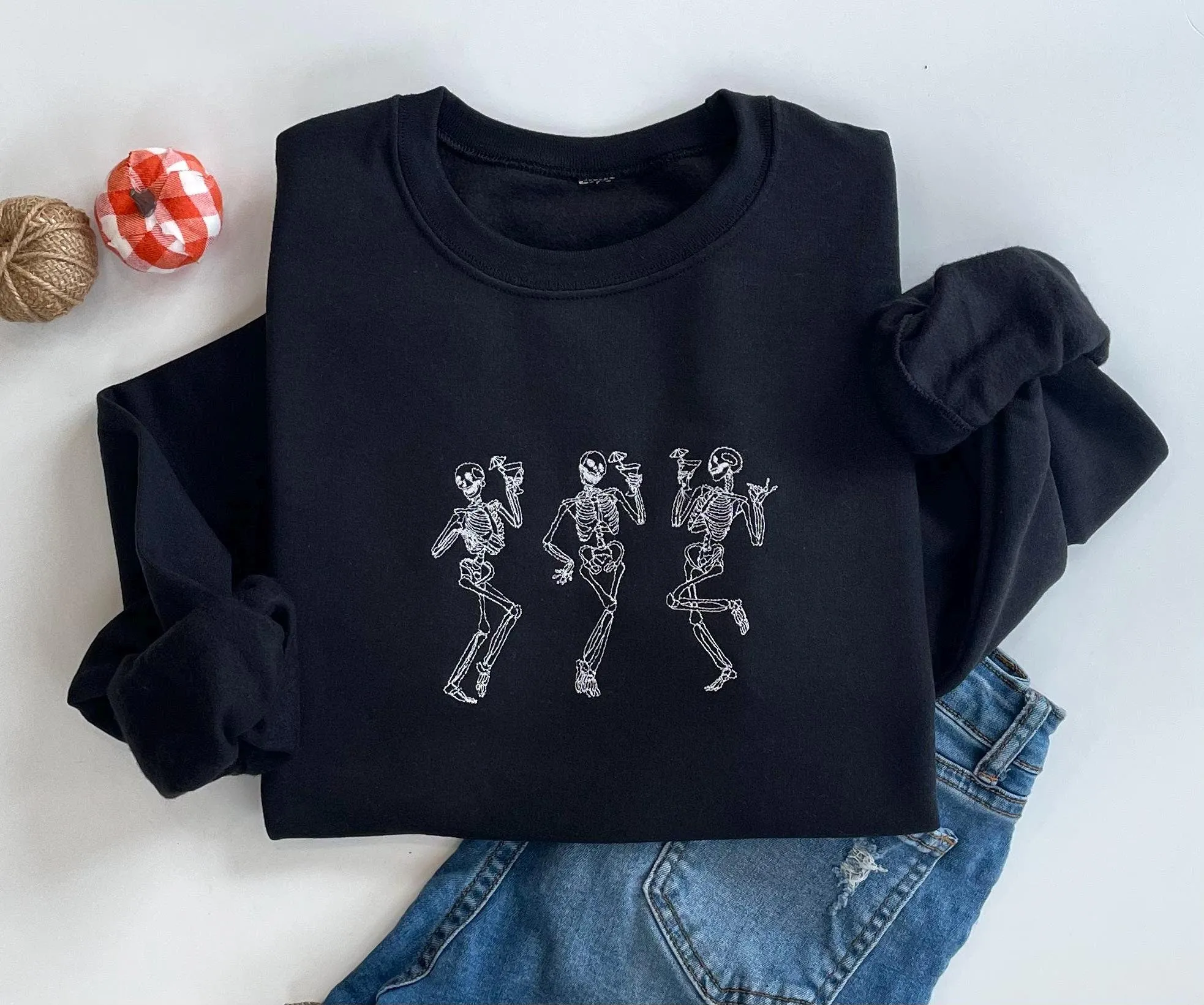 Embroidered Halloween Dancing Martini Skeleton Sweatshirt