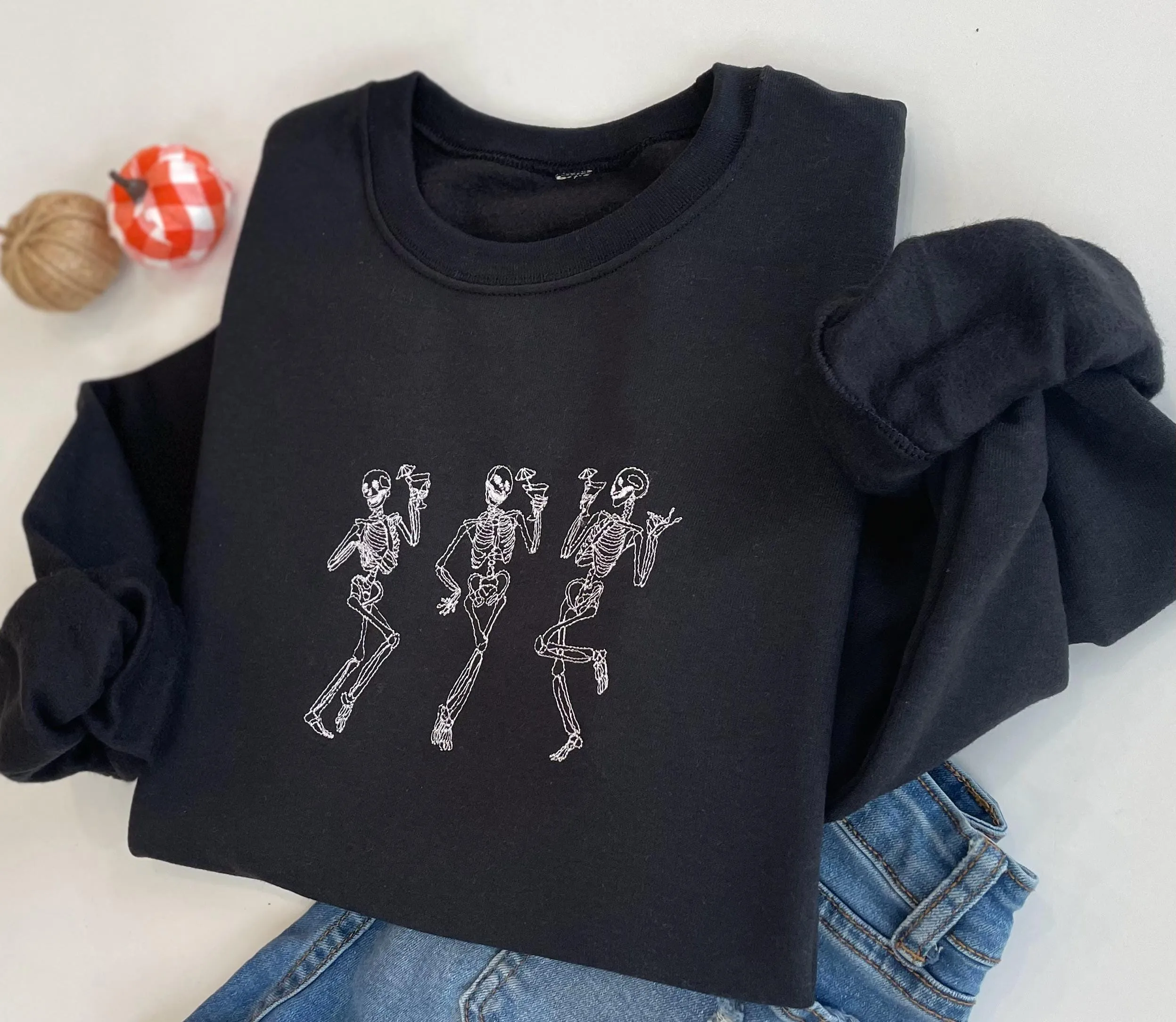 Embroidered Halloween Dancing Martini Skeleton Sweatshirt