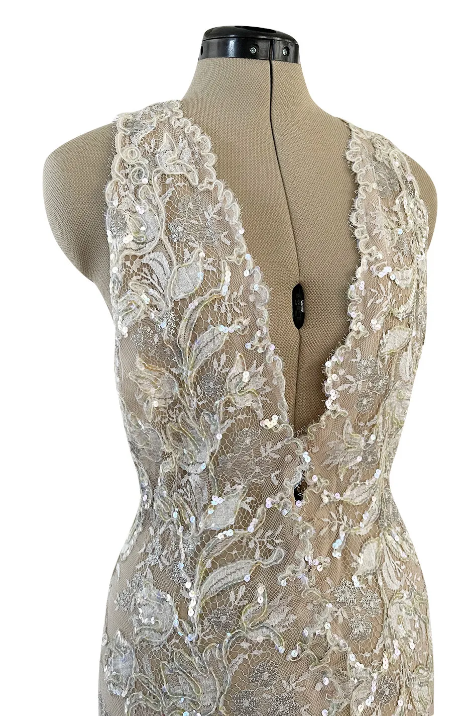 Feather Light Spring 1984 John Anthony Couture Plunging Ivory Lace Dress w Sequin Detailing
