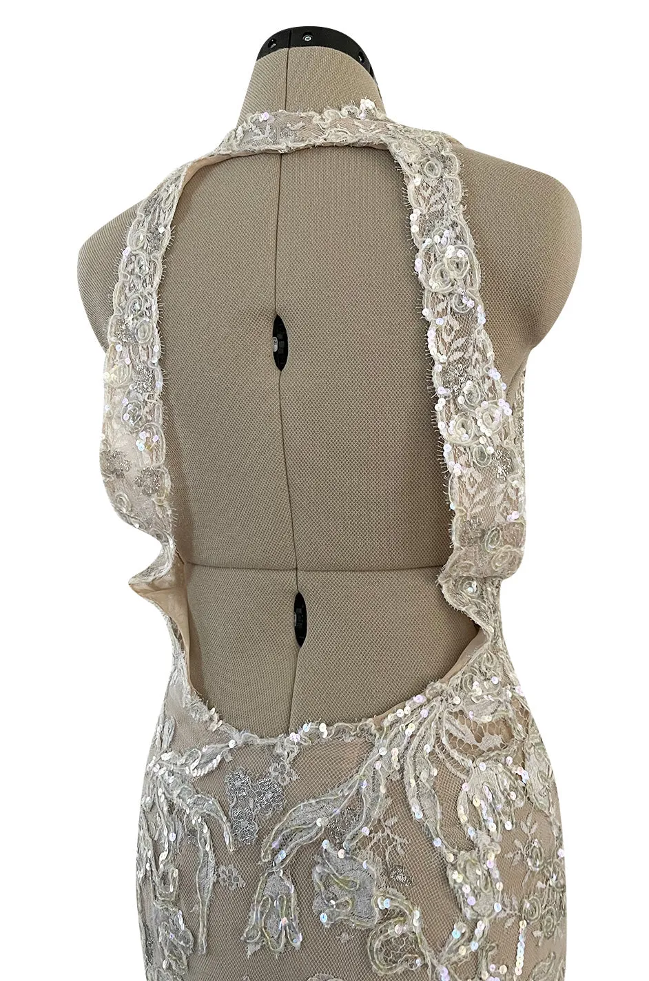 Feather Light Spring 1984 John Anthony Couture Plunging Ivory Lace Dress w Sequin Detailing
