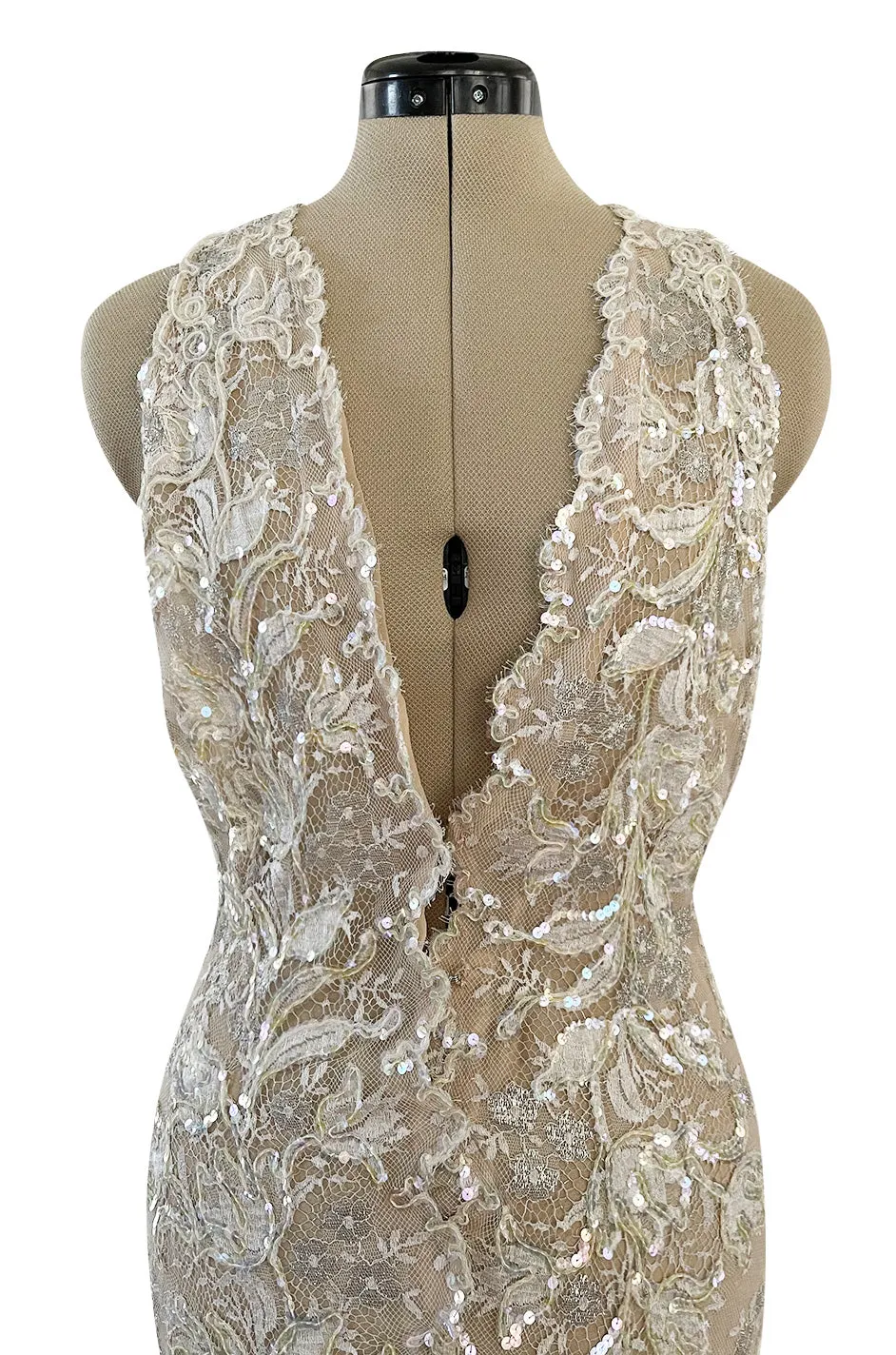 Feather Light Spring 1984 John Anthony Couture Plunging Ivory Lace Dress w Sequin Detailing