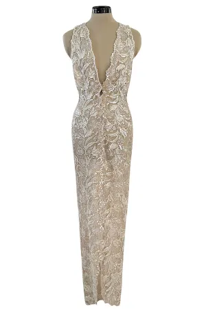 Feather Light Spring 1984 John Anthony Couture Plunging Ivory Lace Dress w Sequin Detailing