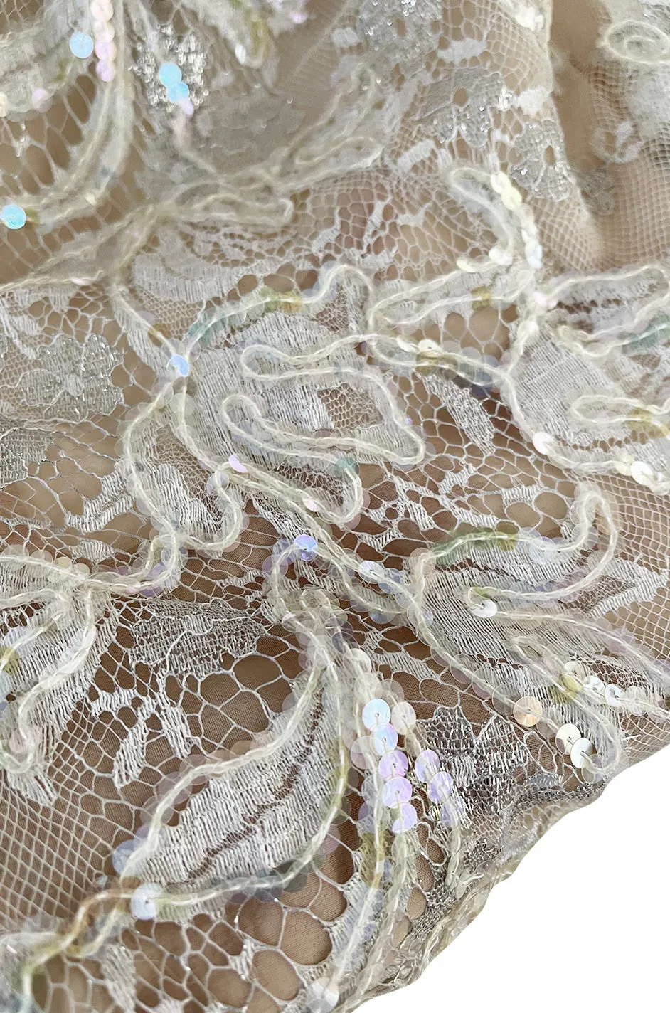 Feather Light Spring 1984 John Anthony Couture Plunging Ivory Lace Dress w Sequin Detailing