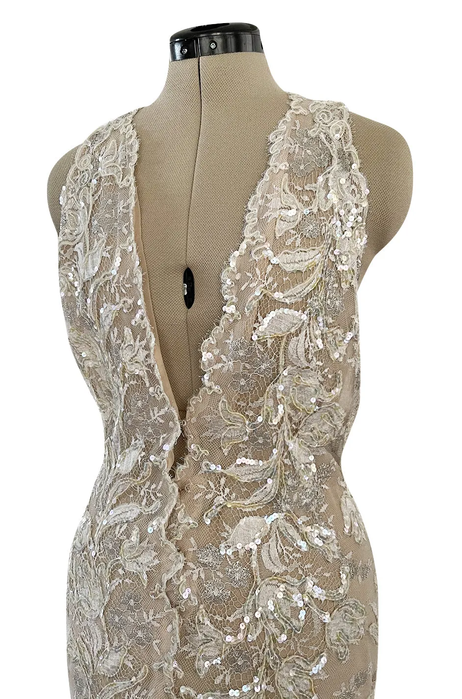 Feather Light Spring 1984 John Anthony Couture Plunging Ivory Lace Dress w Sequin Detailing