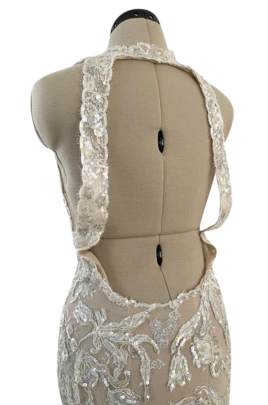 Feather Light Spring 1984 John Anthony Couture Plunging Ivory Lace Dress w Sequin Detailing