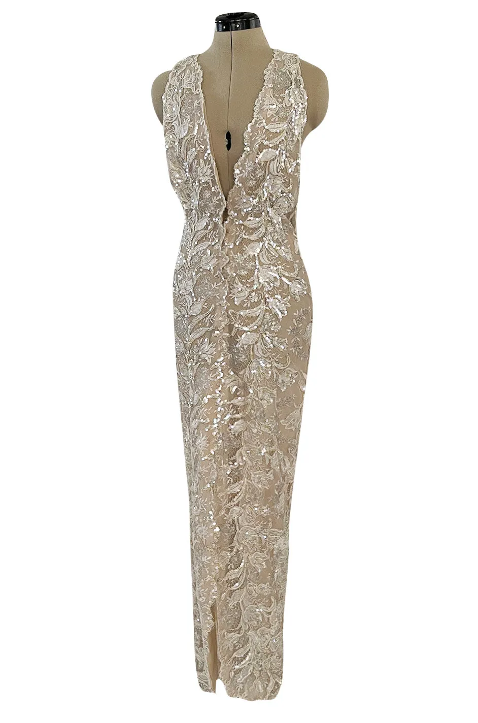 Feather Light Spring 1984 John Anthony Couture Plunging Ivory Lace Dress w Sequin Detailing