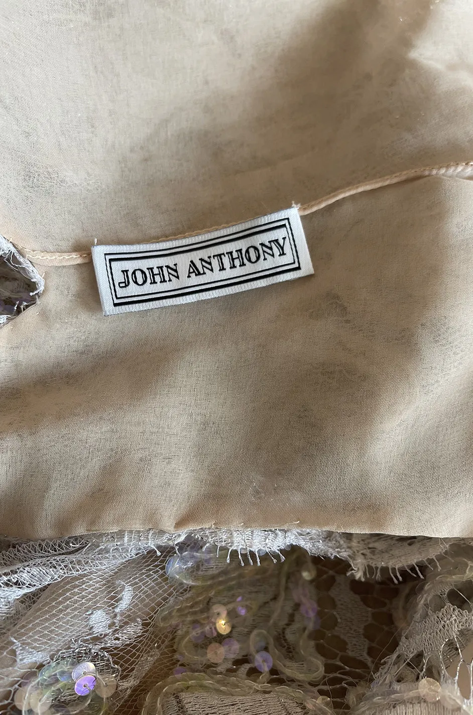 Feather Light Spring 1984 John Anthony Couture Plunging Ivory Lace Dress w Sequin Detailing