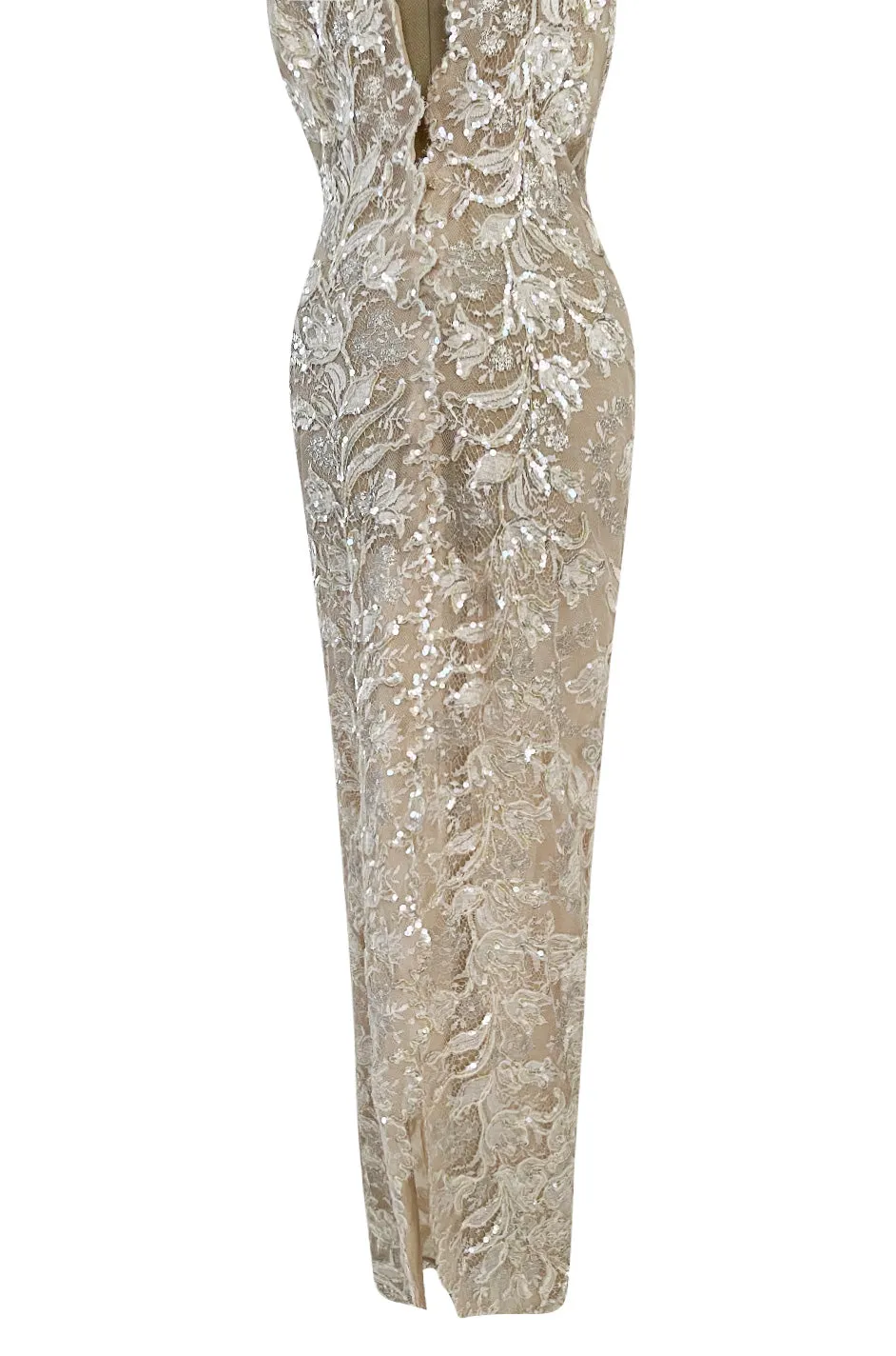 Feather Light Spring 1984 John Anthony Couture Plunging Ivory Lace Dress w Sequin Detailing