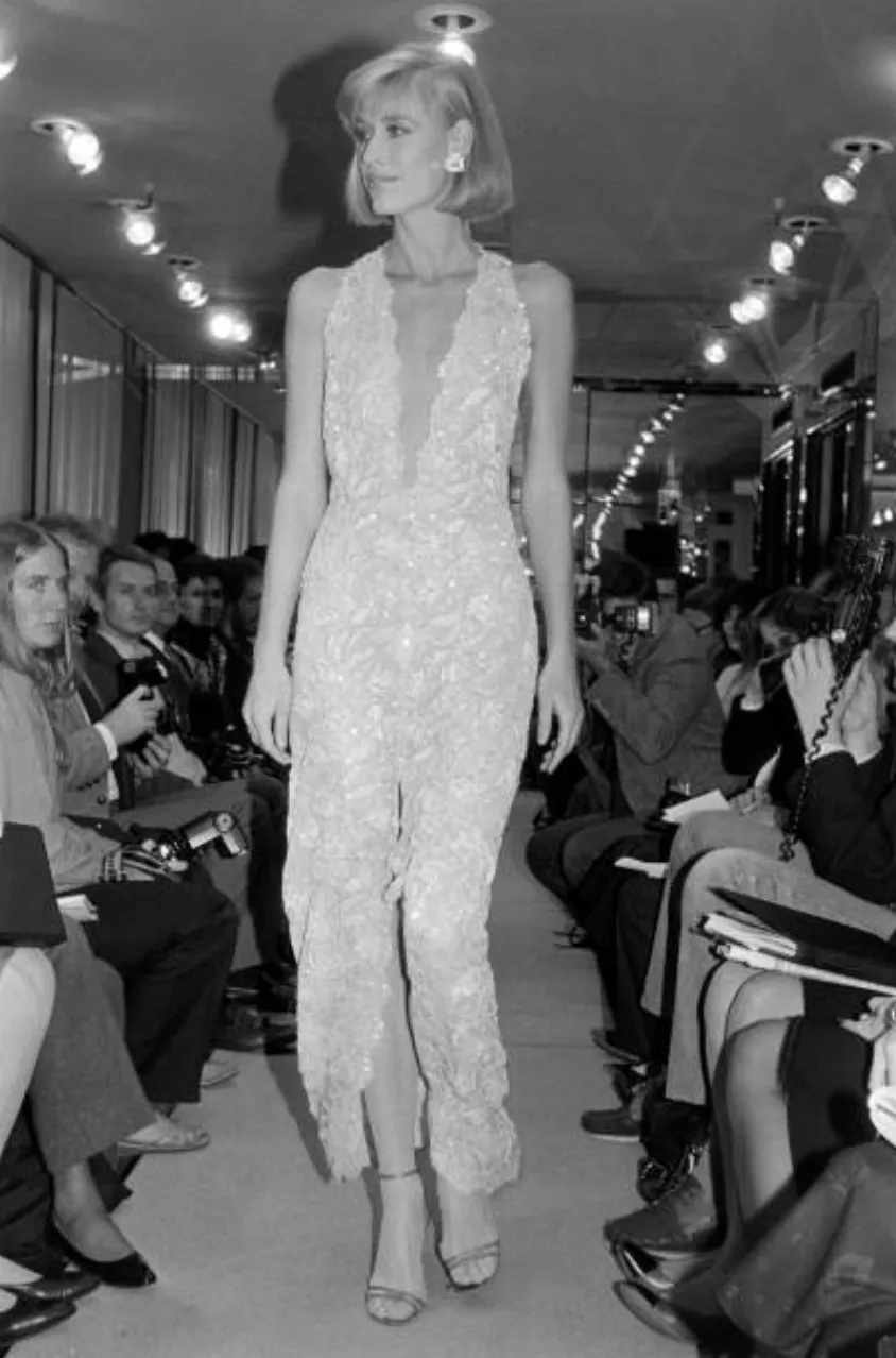 Feather Light Spring 1984 John Anthony Couture Plunging Ivory Lace Dress w Sequin Detailing