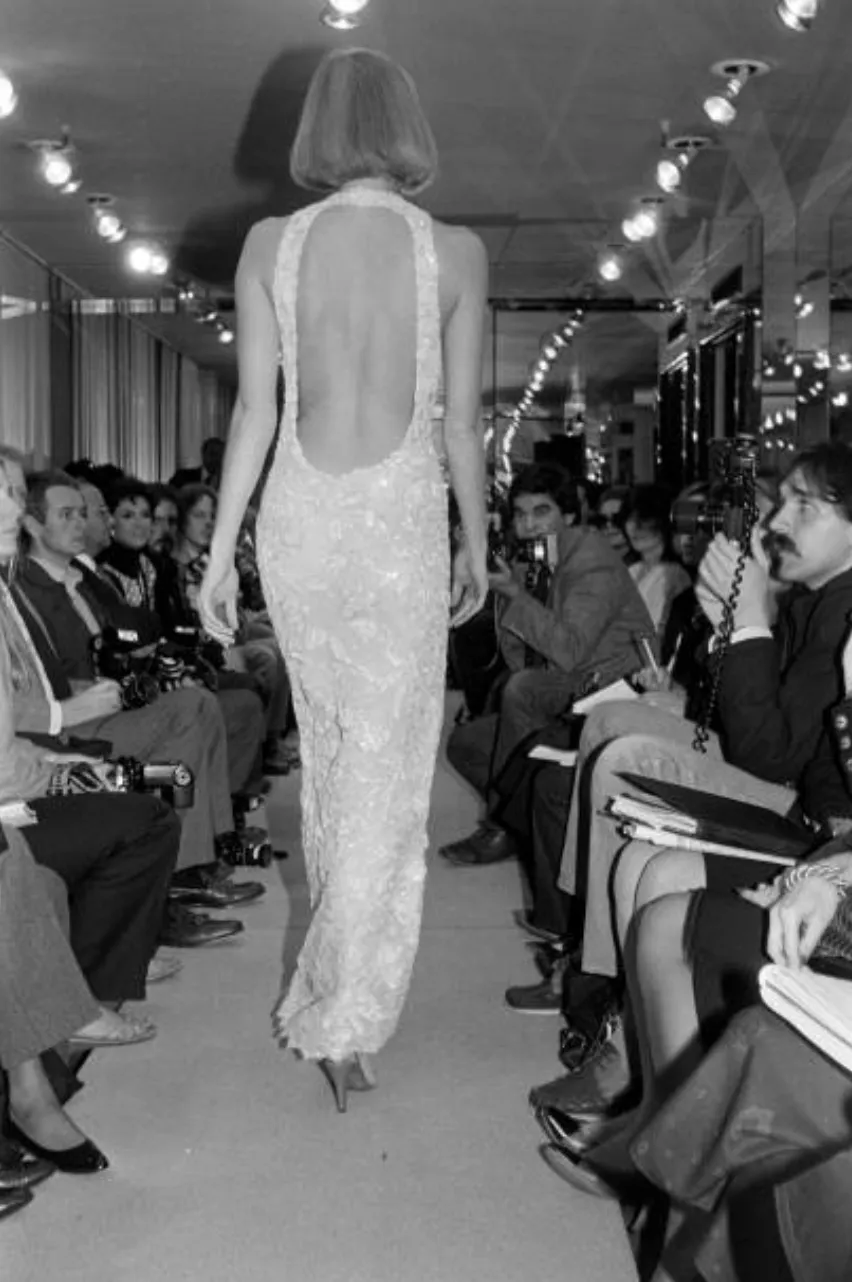 Feather Light Spring 1984 John Anthony Couture Plunging Ivory Lace Dress w Sequin Detailing