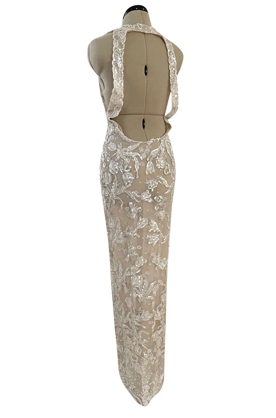 Feather Light Spring 1984 John Anthony Couture Plunging Ivory Lace Dress w Sequin Detailing