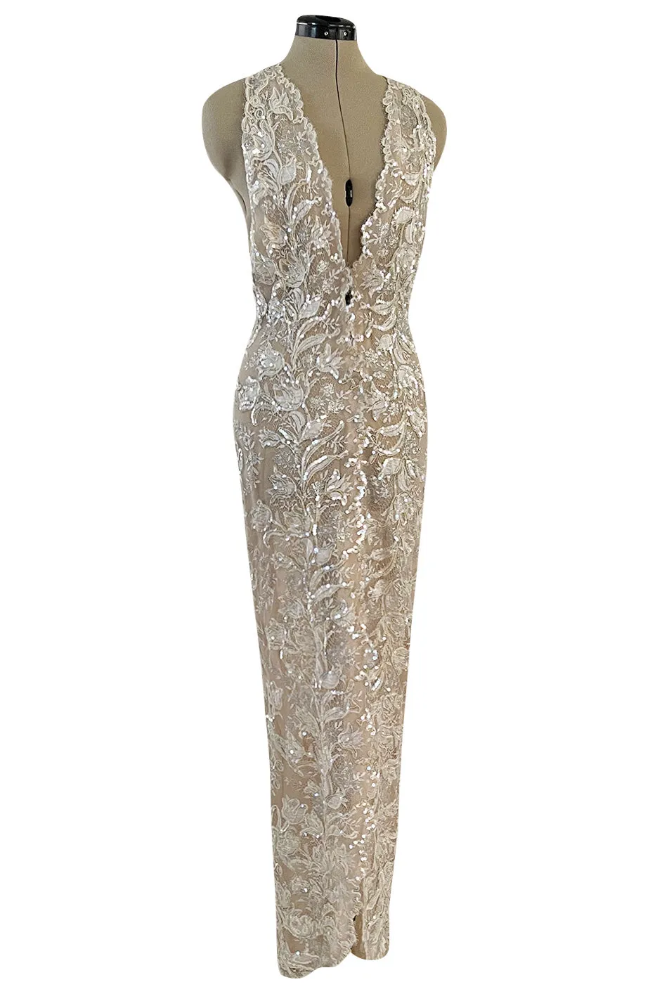 Feather Light Spring 1984 John Anthony Couture Plunging Ivory Lace Dress w Sequin Detailing
