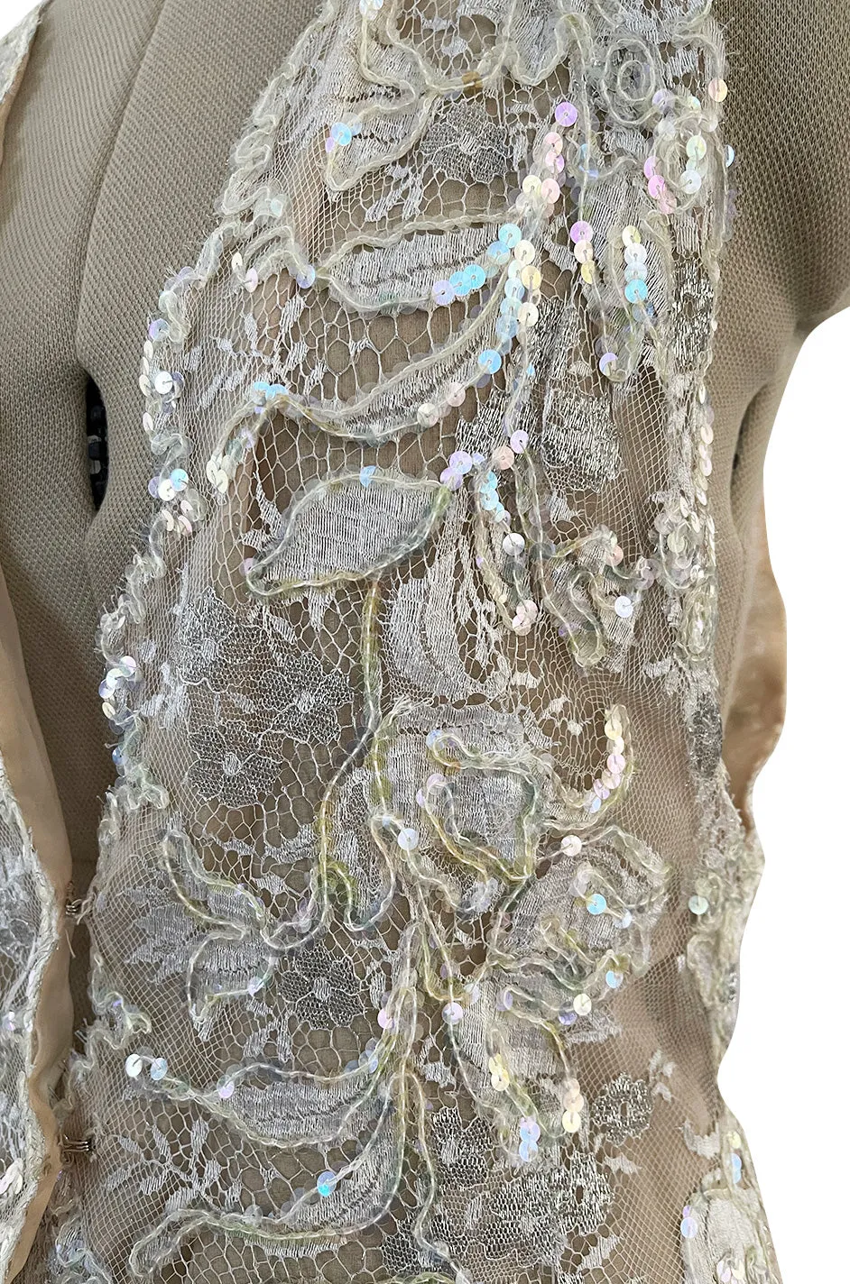 Feather Light Spring 1984 John Anthony Couture Plunging Ivory Lace Dress w Sequin Detailing