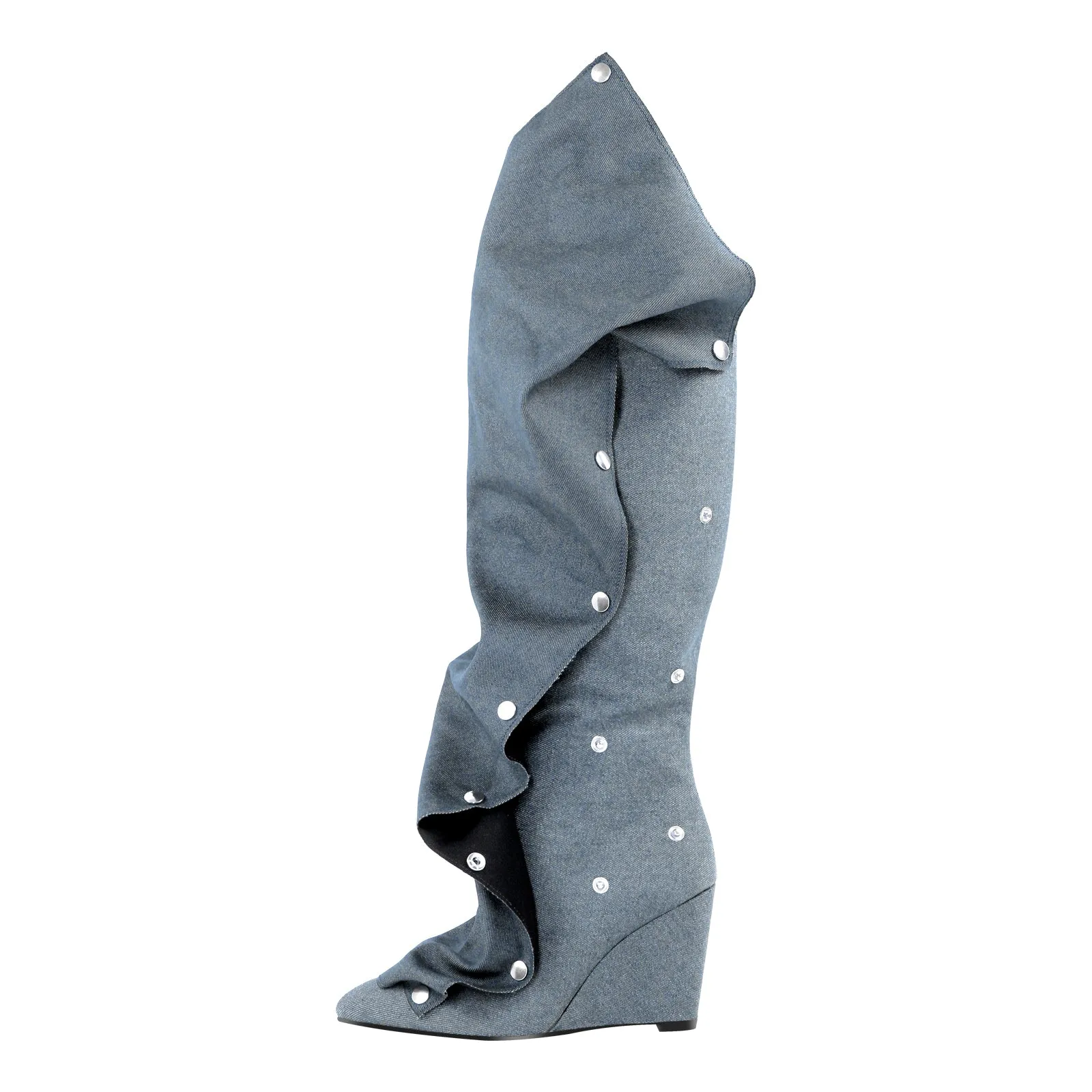 Fold Over Pointed Toe Wedge Heel Knee High Boots
