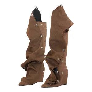 Fold Over Pointed Toe Wedge Heel Knee High Boots