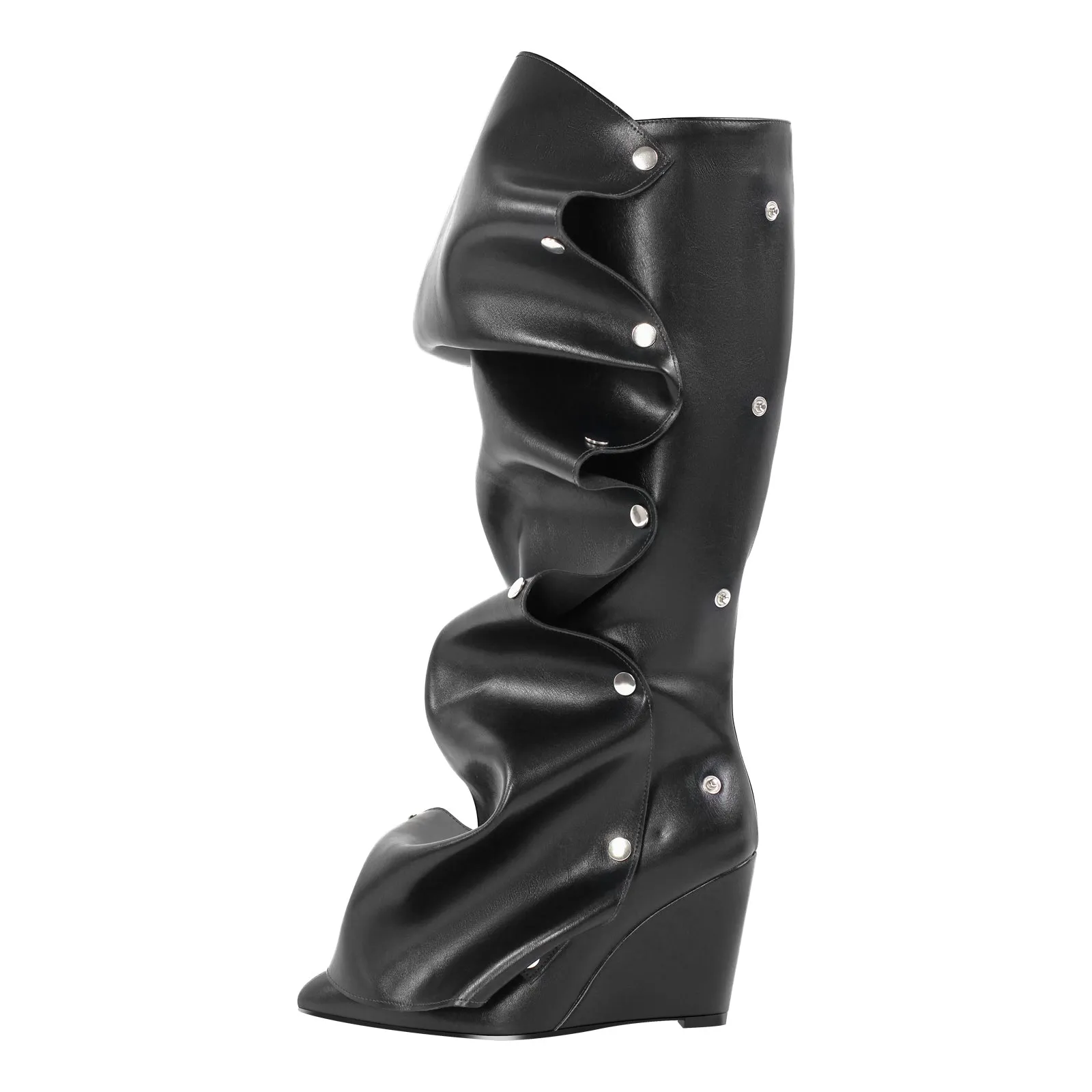 Fold Over Pointed Toe Wedge Heel Knee High Boots