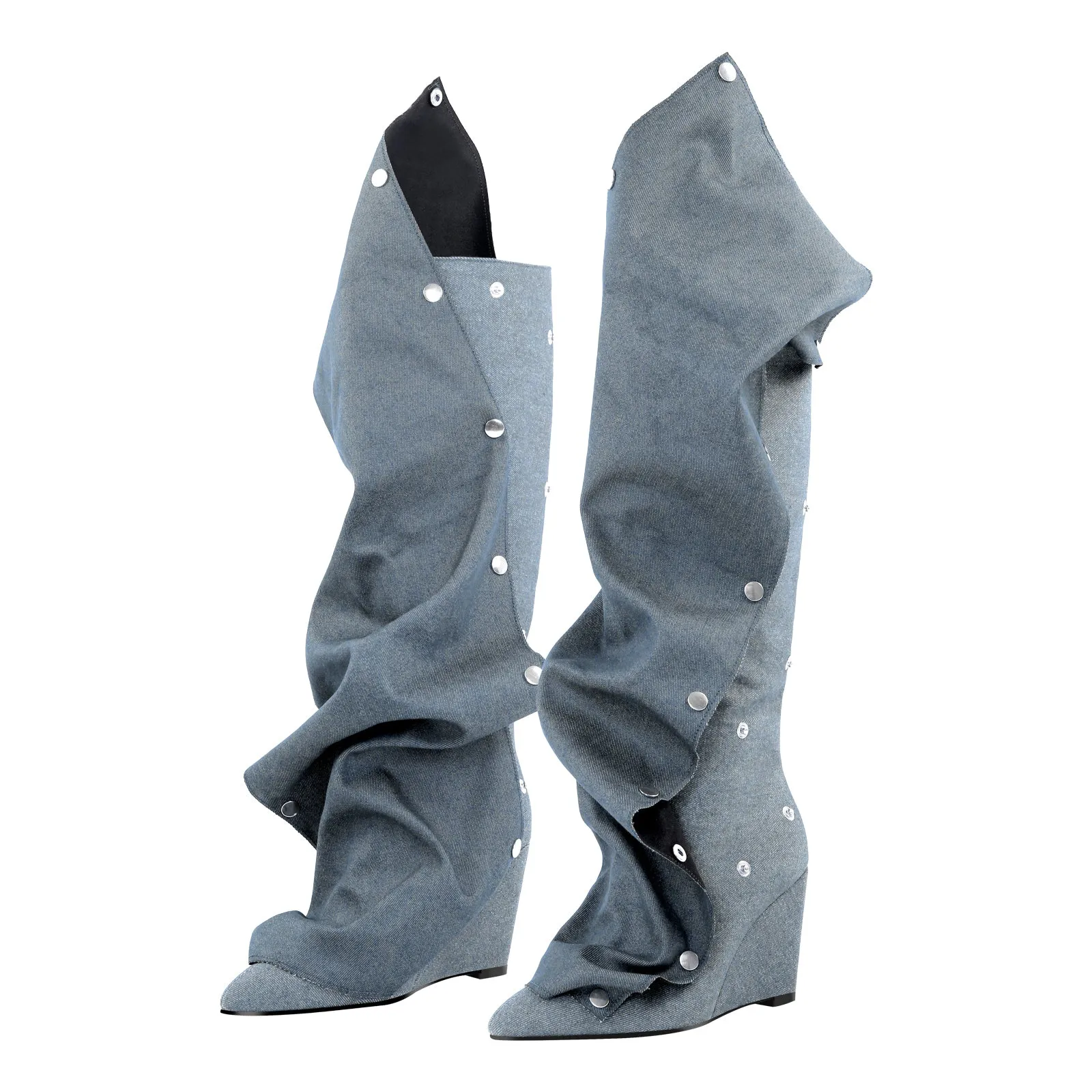 Fold Over Pointed Toe Wedge Heel Knee High Boots