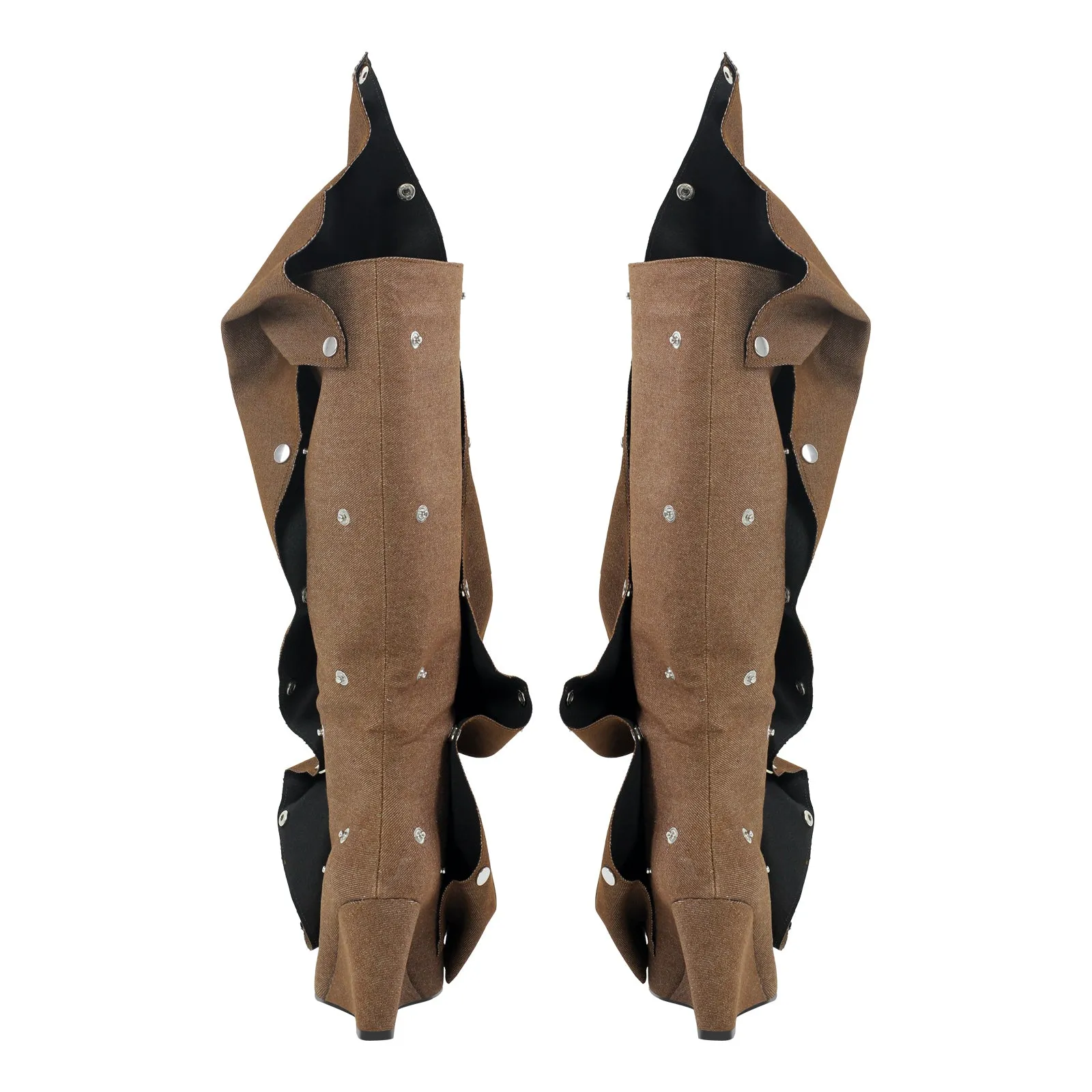 Fold Over Pointed Toe Wedge Heel Knee High Boots
