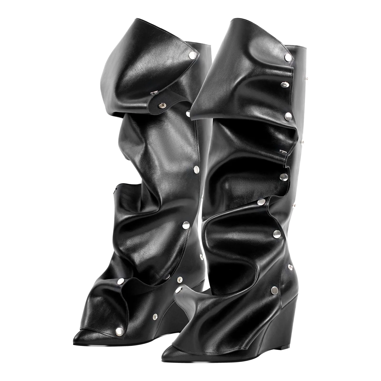Fold Over Pointed Toe Wedge Heel Knee High Boots