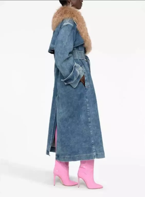 Fur Denim Trench Coat