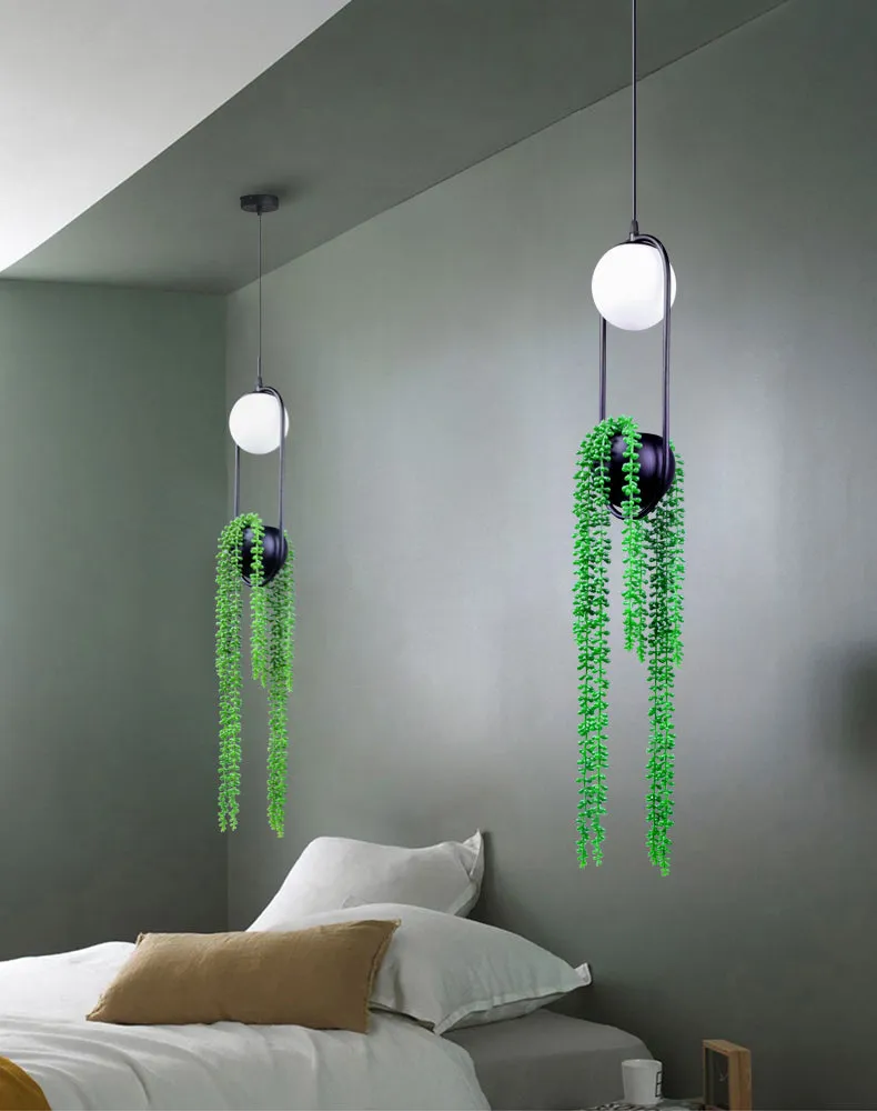 Hanging plant vase pendant light in brass