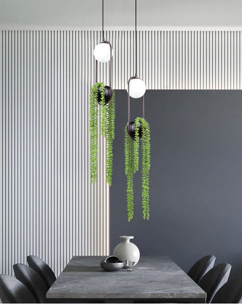 Hanging plant vase pendant light in brass