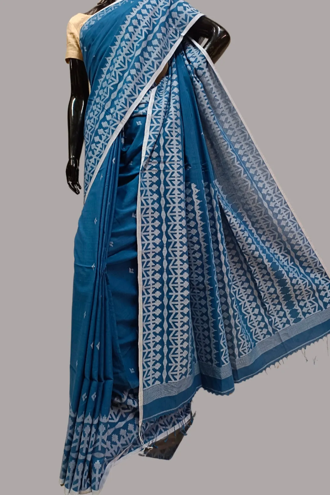 Indigo & White Handspun Handwoven Cotton Dhakai Jamdani Saree