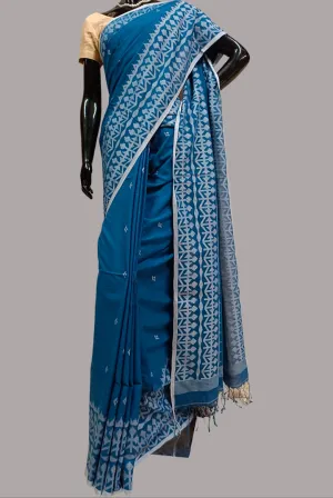 Indigo & White Handspun Handwoven Cotton Dhakai Jamdani Saree