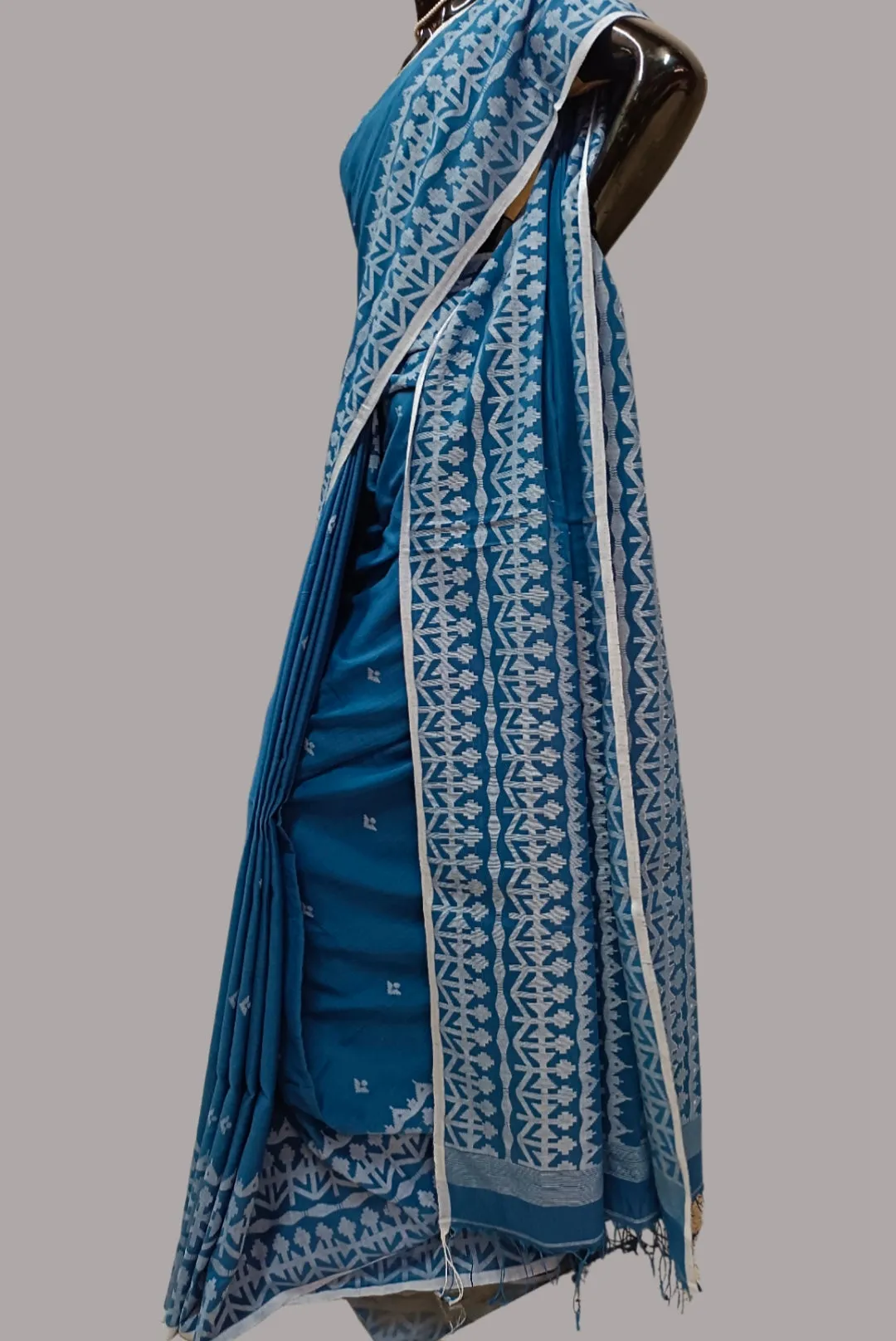 Indigo & White Handspun Handwoven Cotton Dhakai Jamdani Saree