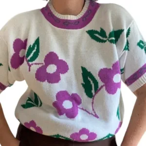 Jolie Vintage Floral Knit Short Sleeve Sweater Size M