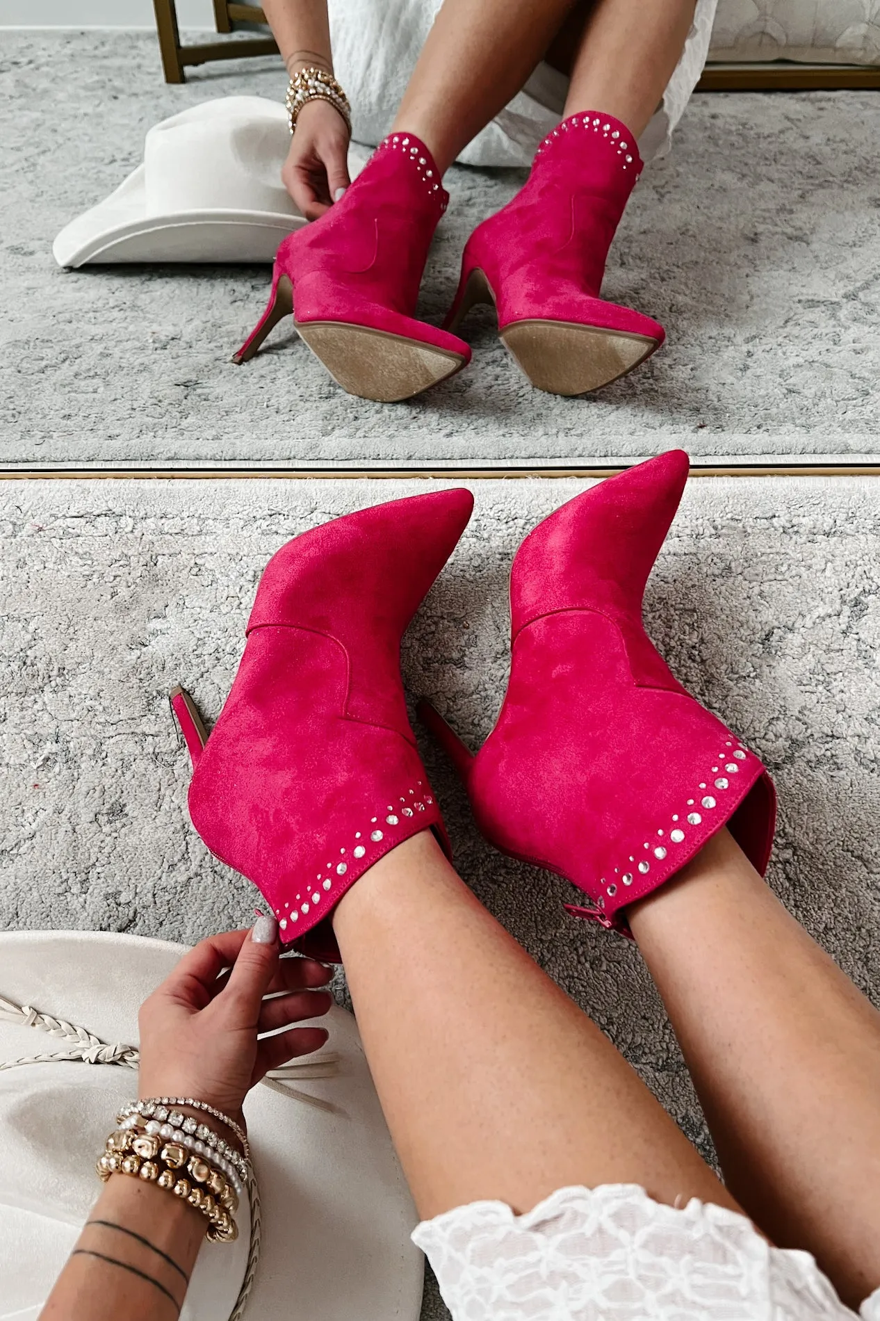 Just Being Dramatic Faux Suede Rhinestone Detail Booties (Fuchsia)