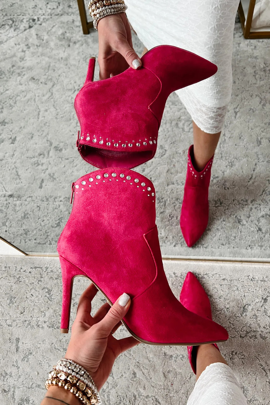 Just Being Dramatic Faux Suede Rhinestone Detail Booties (Fuchsia)