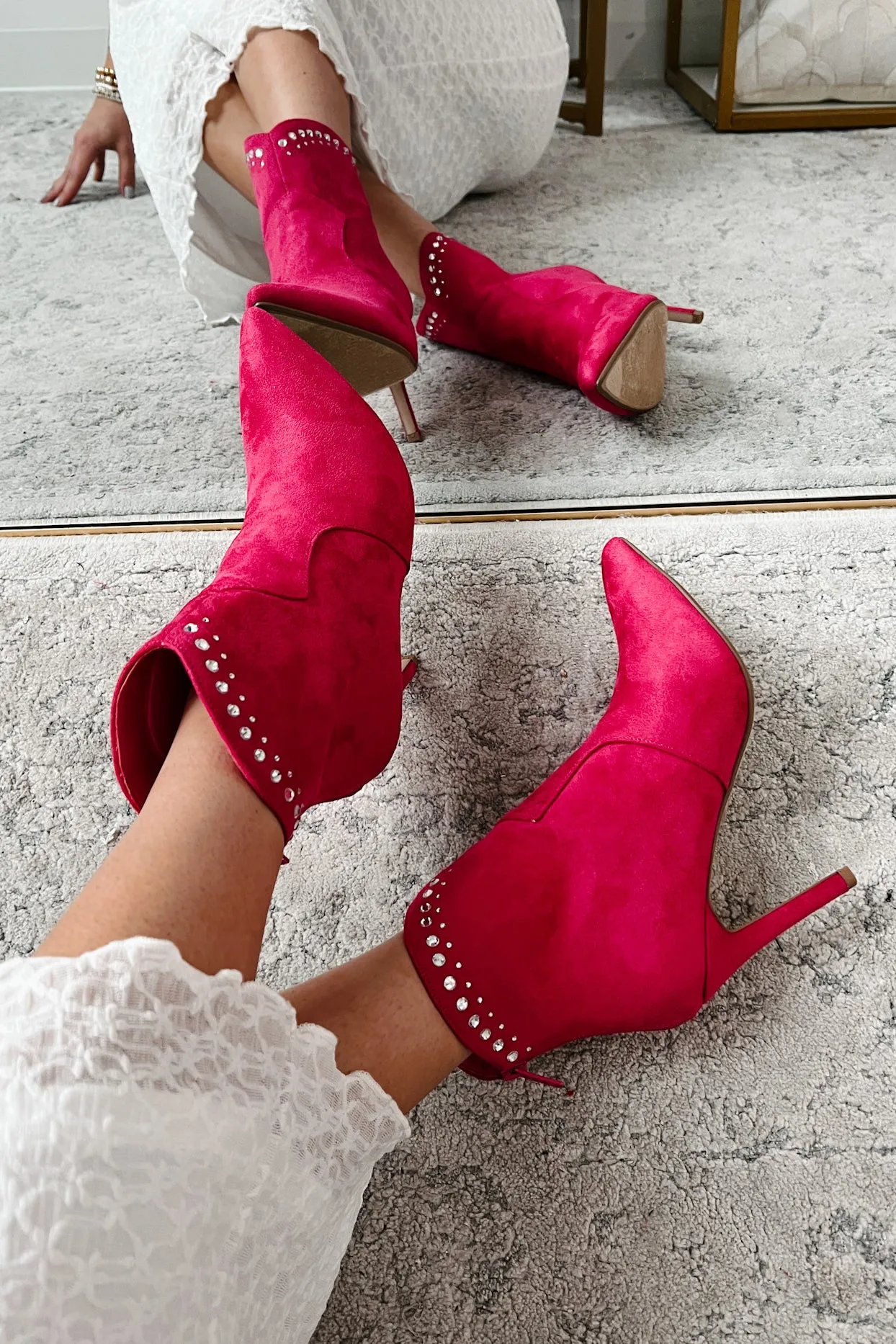 Just Being Dramatic Faux Suede Rhinestone Detail Booties (Fuchsia)