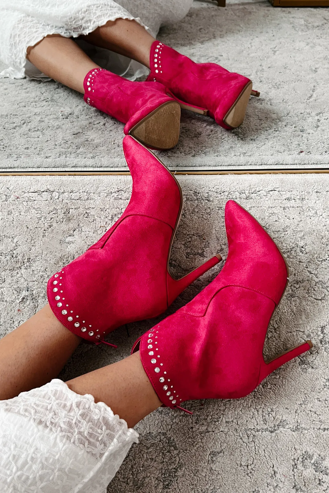 Just Being Dramatic Faux Suede Rhinestone Detail Booties (Fuchsia)