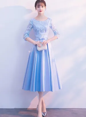 Light Blue Satin Tea Length Bridesmaid Dress, Short Sleeves Party Dress