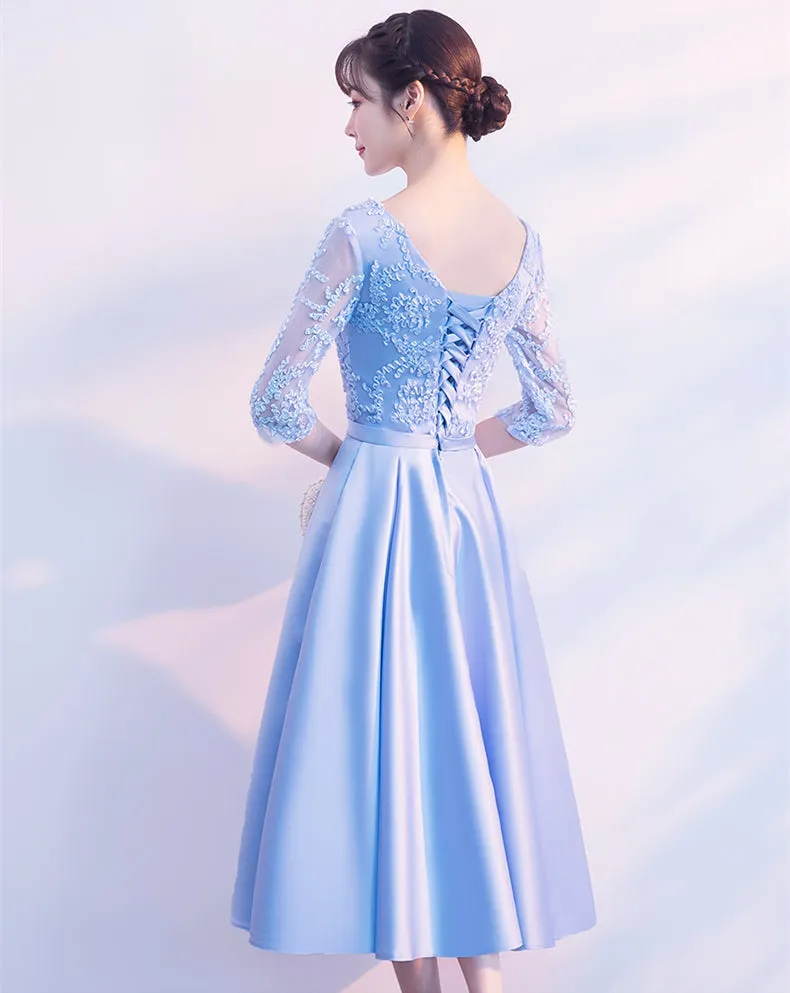 Light Blue Satin Tea Length Bridesmaid Dress, Short Sleeves Party Dress