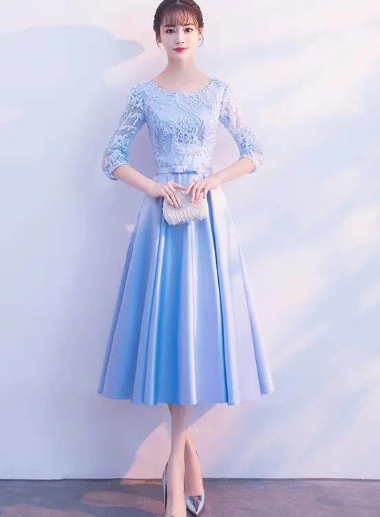 Light Blue Satin Tea Length Bridesmaid Dress, Short Sleeves Party Dress