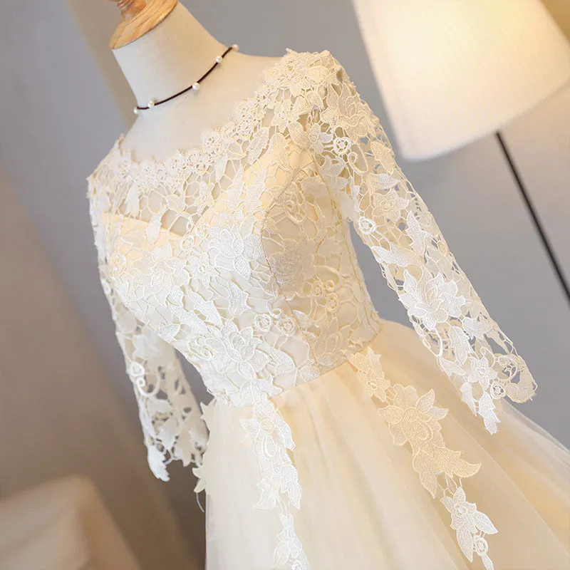 Light Champagne Lace 1/2 Sleeves Tulle New Homecoming Dress, Short Party Dress