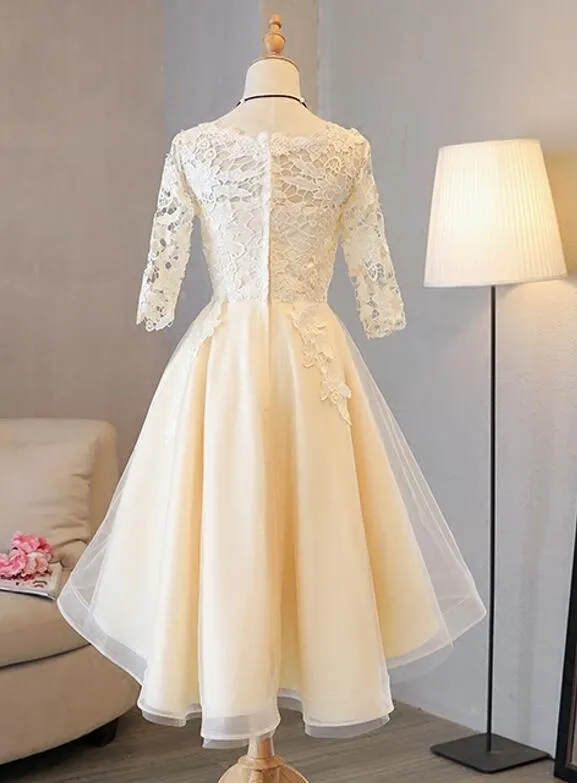 Light Champagne Lace 1/2 Sleeves Tulle New Homecoming Dress, Short Party Dress