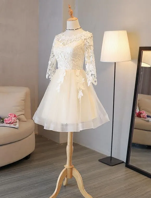 Light Champagne Lace 1/2 Sleeves Tulle New Homecoming Dress, Short Party Dress