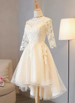 Light Champagne Lace 1/2 Sleeves Tulle New Homecoming Dress, Short Party Dress