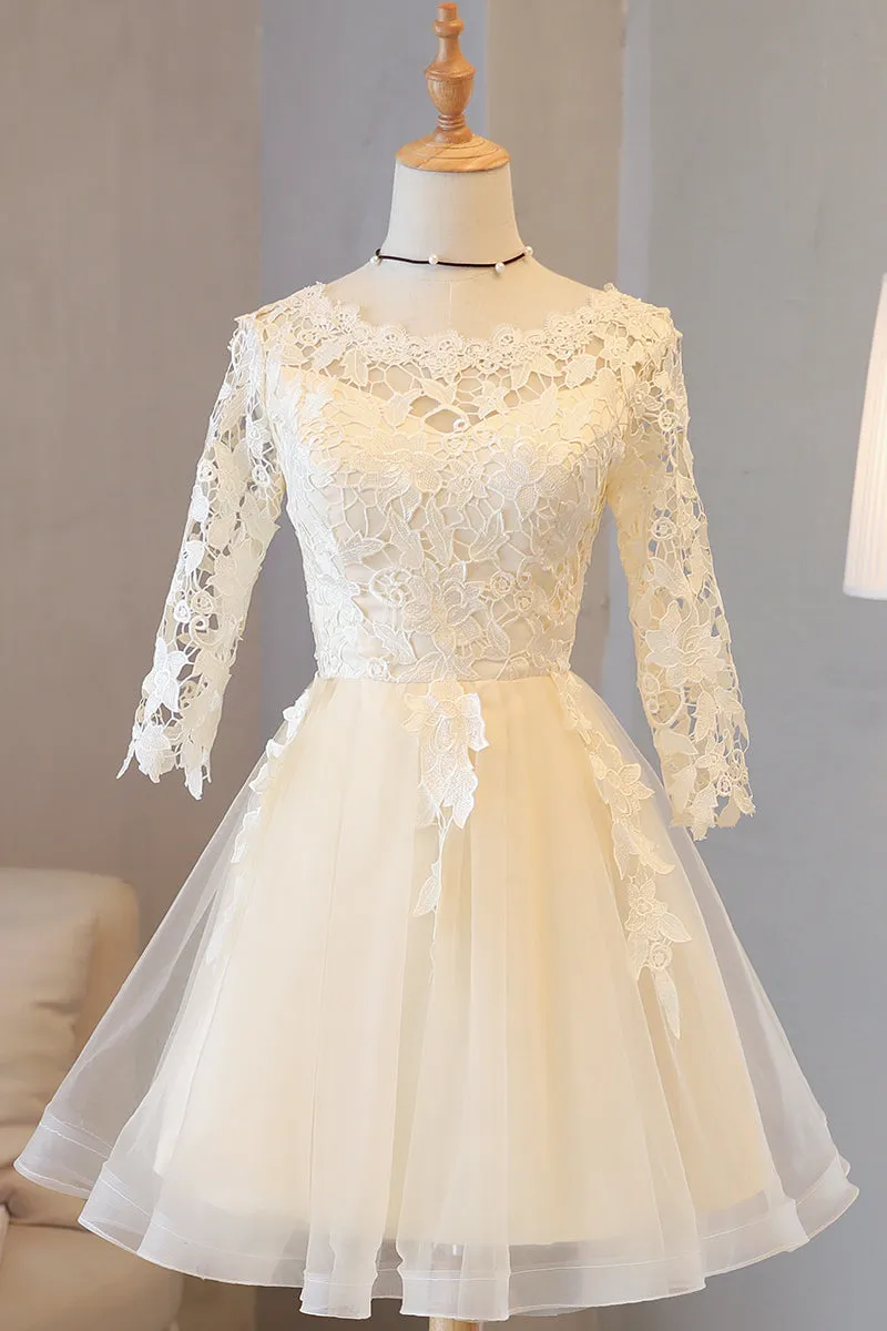 Light Champagne Lace 1/2 Sleeves Tulle New Homecoming Dress, Short Party Dress