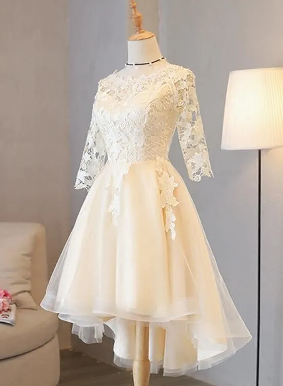 Light Champagne Lace 1/2 Sleeves Tulle New Homecoming Dress, Short Party Dress